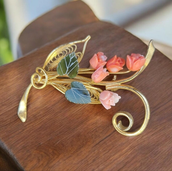 Vintage Jewelry - Vintage Coral And Jade Rose Brooch